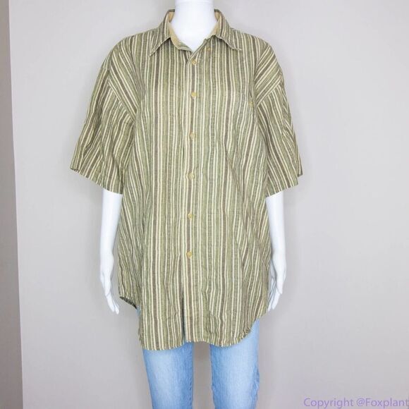 Bugle Boy Company men's green stripe short sleeves‎ shirt, size L - Picture 1 of 13